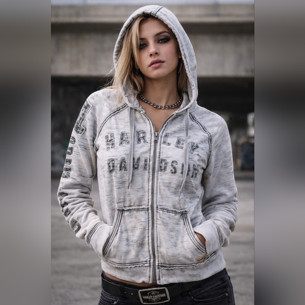 Harley-Davidson Faded Light Gray Zip-Up Hoodie